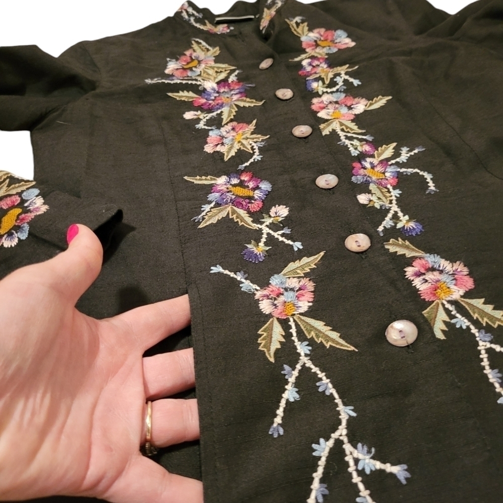 Units Silk Duster Jacket Mandarin Collar Embroidered Mother Pearl Buttons Boho - Picture 7 of 13